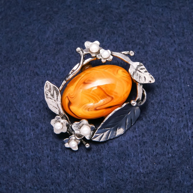 Amber Brooch (Faux) 47x38mm, Yellow, Silver-Tone Metal