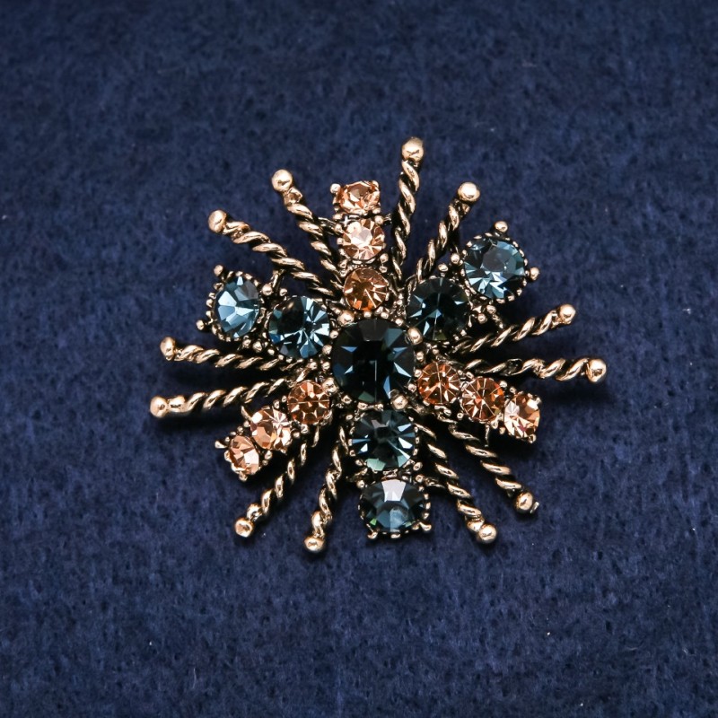 "Order of Beauty" Brooch 45x40mm, Yellow & Blue Rhinestones, Gold-Tone Metal