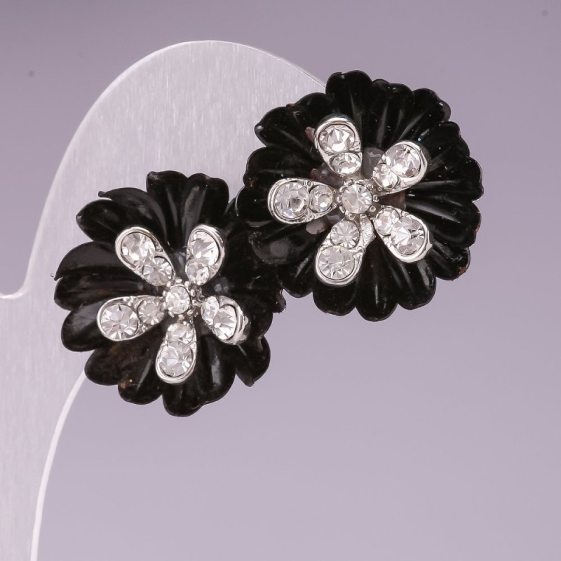 "Black Chrysanthemum" Stud Earrings with Rhinestone Center, Silver-Tone Metal, 23mm