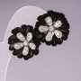 "Black Chrysanthemum" Stud Earrings with Rhinestone Center, Silver-Tone Metal, 23mm