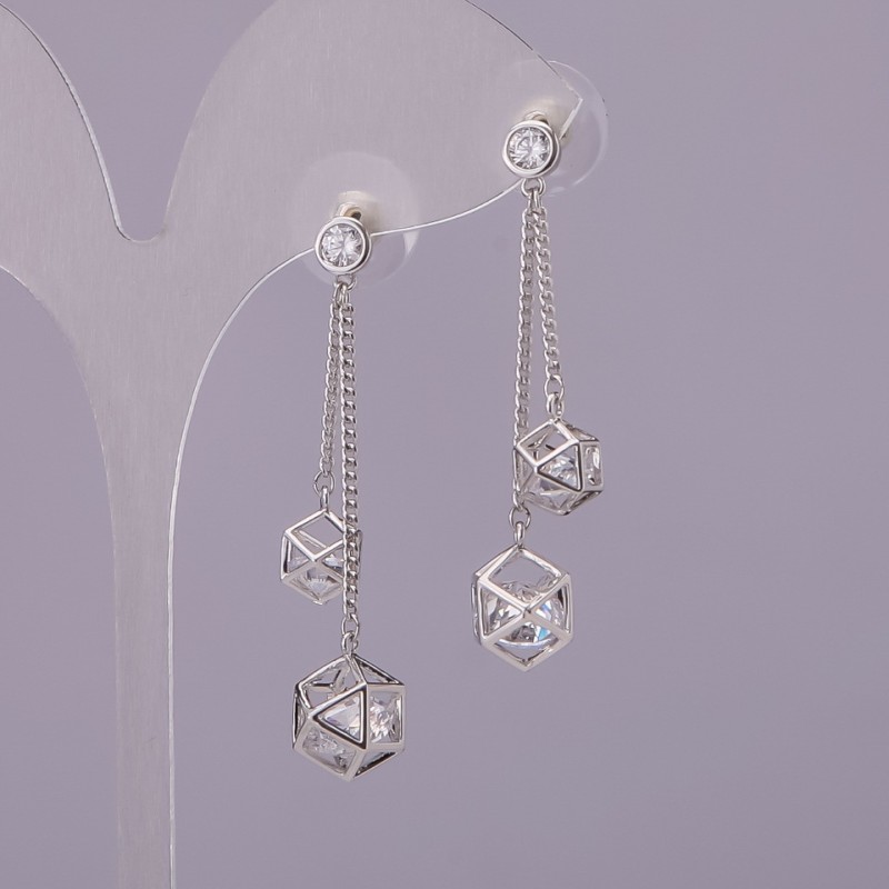 Stud Earrings with Polyhedron Charm, White Crystal, Sterling Silver 925, Silver-Tone Metal, 10x48mm