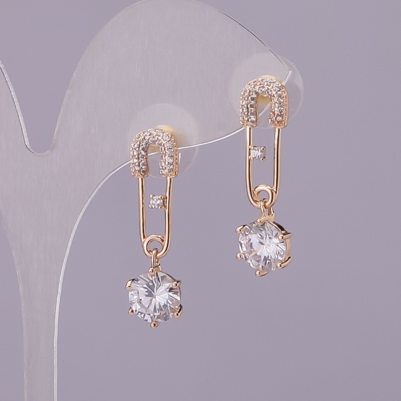 Pin Stud Earrings with White Crystals, Gold-Tone Metal, 9x30mm