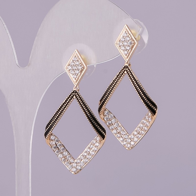 Rhombus Stud Earrings with Rhinestones, Gold-Tone Metal, 20x39mm