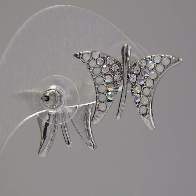 Butterfly Stud Earrings, Chameleon Rhinestones, Silver-Tone Metal, 2.2cm