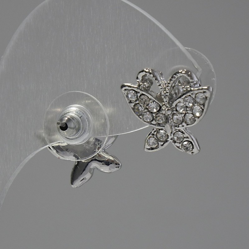 Stud Earrings Butterflies, White Rhinestones, Silver-tone Metal, 1.5cm