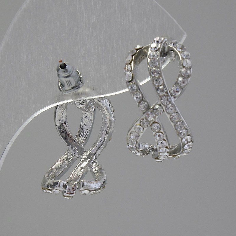 Infinity Stud Earrings, White Rhinestones, Silver-Tone Metal, 2cm