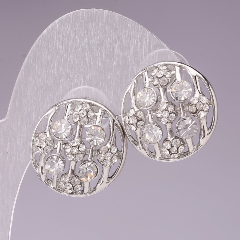 Circle Stud Earrings with White Rhinestones, Silver-Tone Metal, 2cm