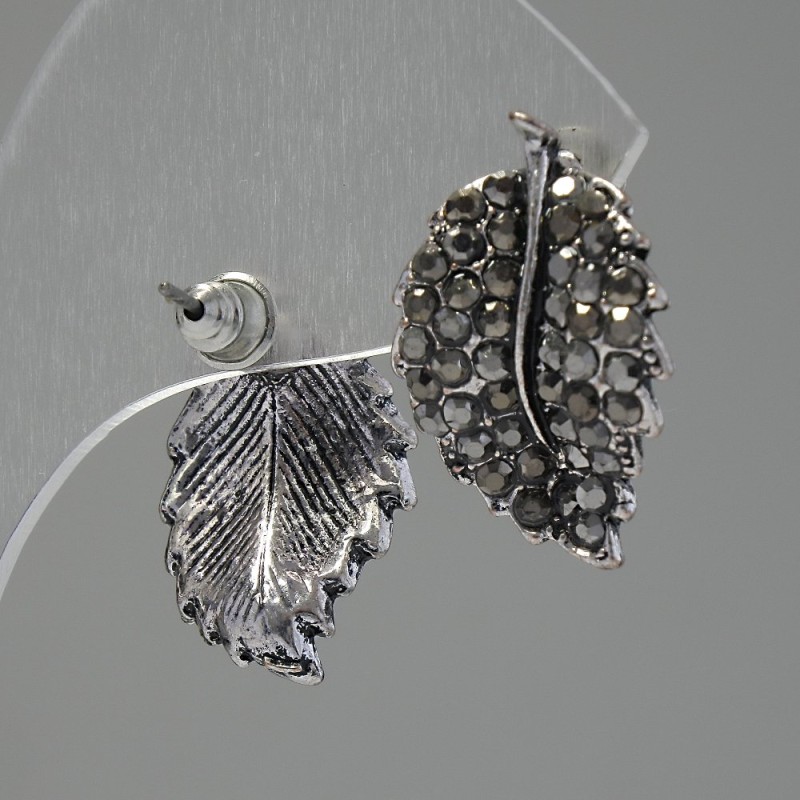 Leaf Stud Earrings, Dark Rhinestones, Silver-Tone Metal, 22mm