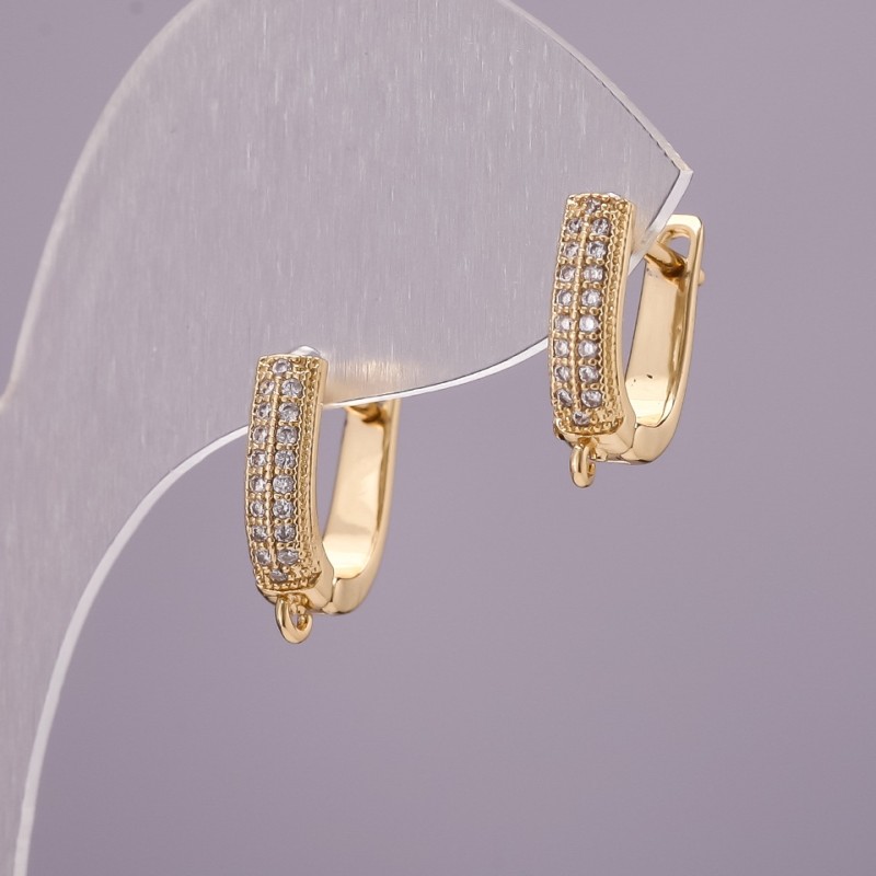 Earring Hooks with Rhinestones, Yellow Metal, 15x13x4mm, Pair