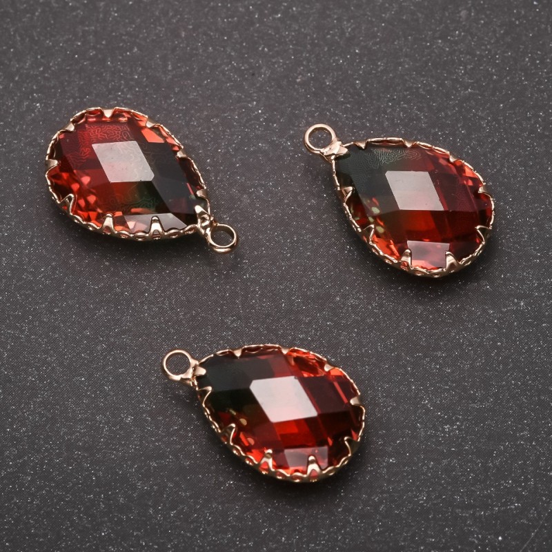 Pendant "Drop" Green-Red, Gold-Tone Setting 13x21mm