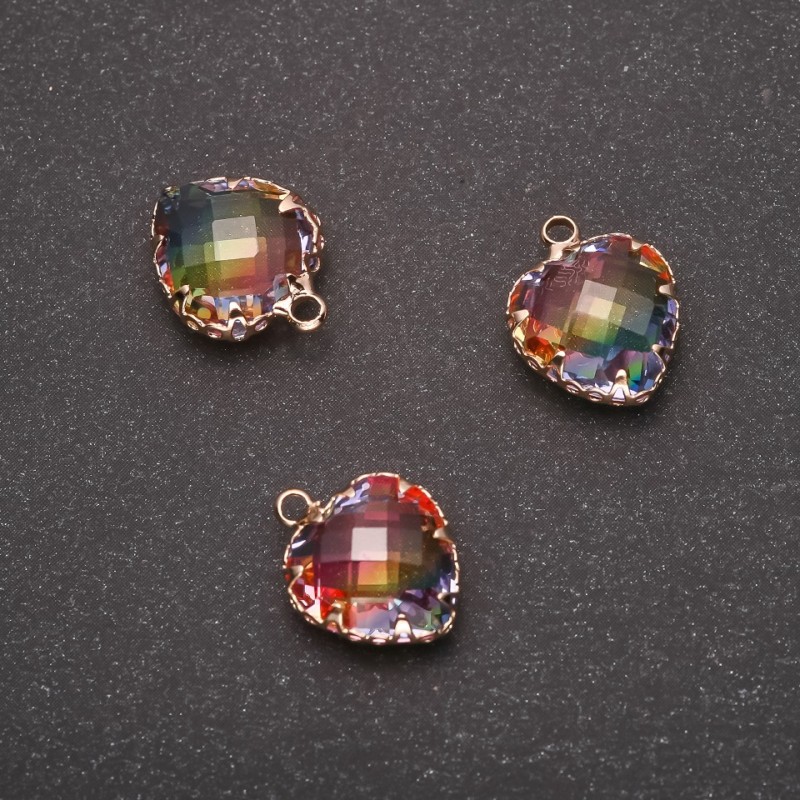 Pendant "Heart" Rainbow Color, Gold-Tone Setting 12x15mm