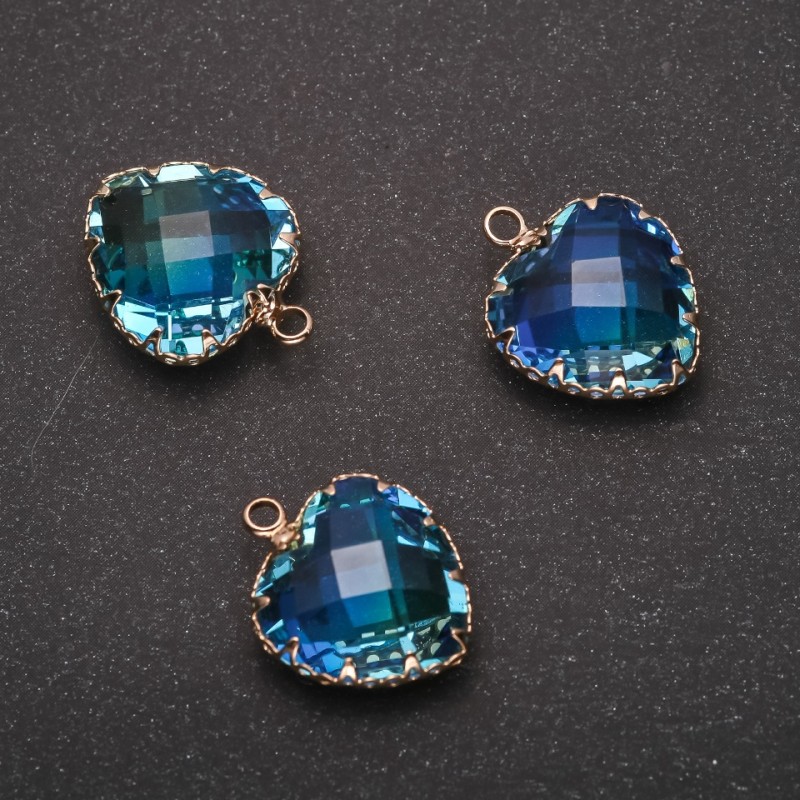Pendant "Heart" Blue-Yellow Color, Gold-Tone Setting 16x20mm