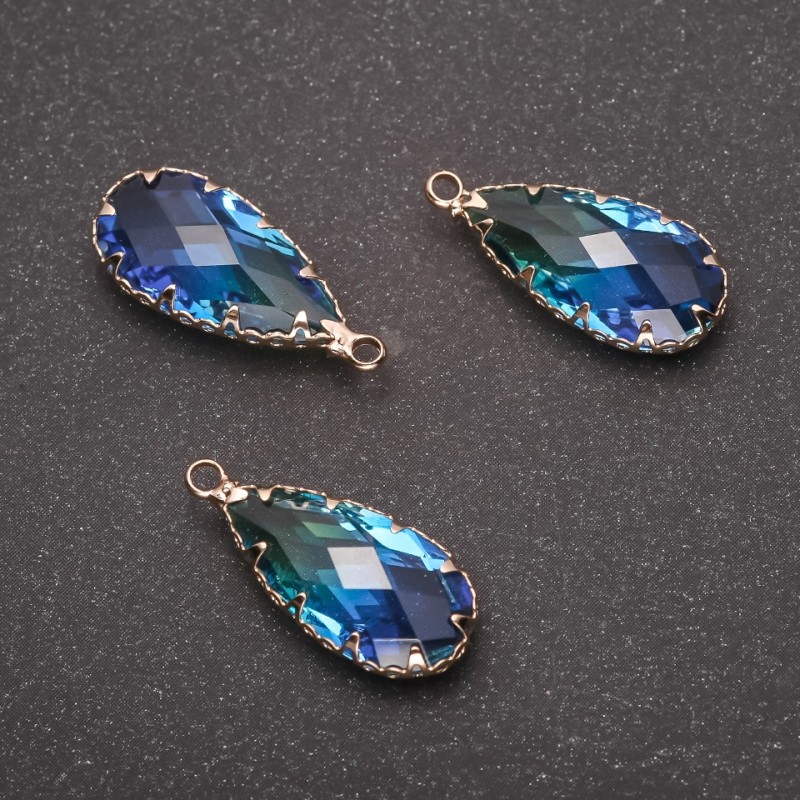 Pendant "Drop" Yellow-Blue Color, Gold-Tone Setting 10x24mm