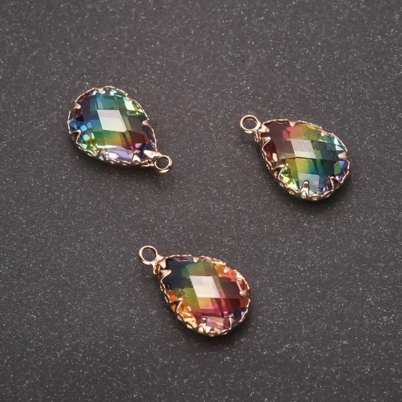 Pendant "Drop" Rainbow Color, Gold-Tone Setting 10x17mm