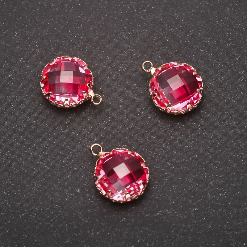 "Circle" Pendant, Pink Color, Gold-Tone Setting 10x17mm