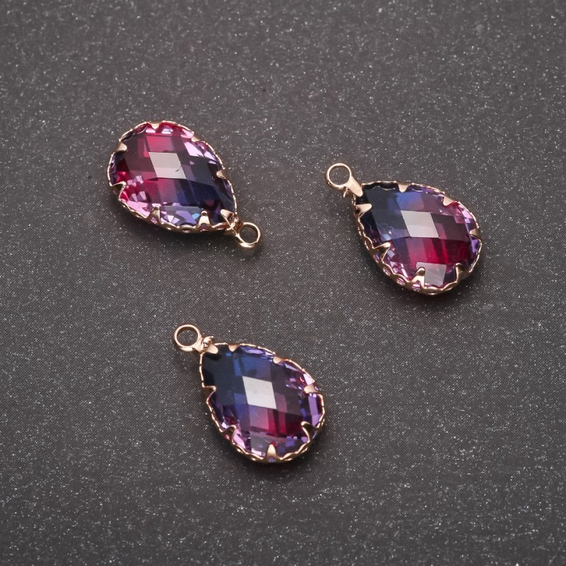 Pendant "Drop" Blue-Pink Color, Gold-Tone Setting 10x17mm