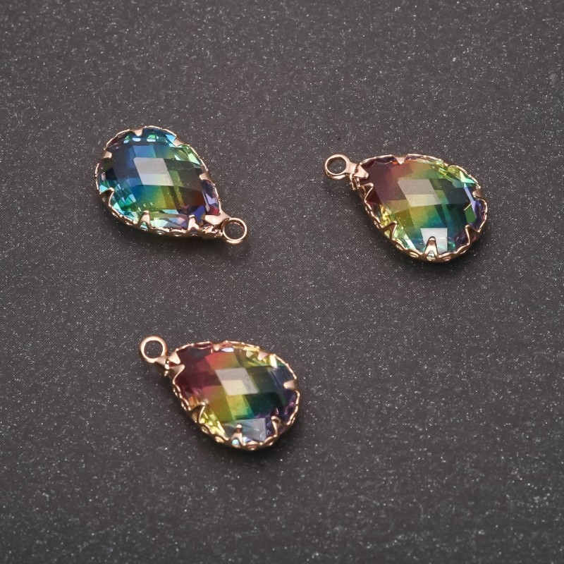 "Teardrop" Pendant, Rainbow Color, Gold-Tone Setting 10x17mm