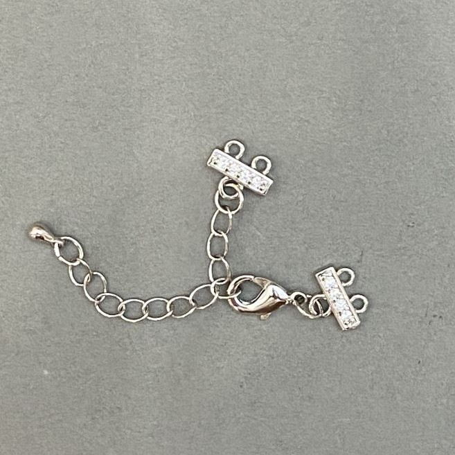 Clasp for Bracelets and Beads, 2-Strand, with Rhinestones and Extension Chain, Silver-Tone Metal, 9x12mm Diameter, 5cm Length