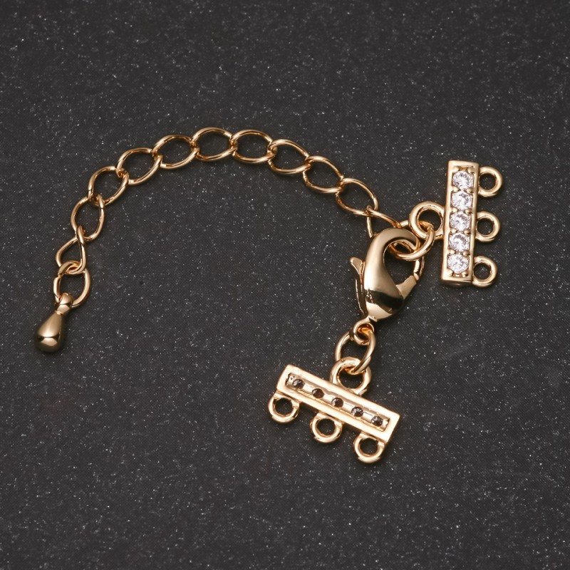 3-Strand Clasp for Bracelets and Beads with Rhinestones and Extension Chain, Gold-Tone Metal, 9x12mm, 5cm Length