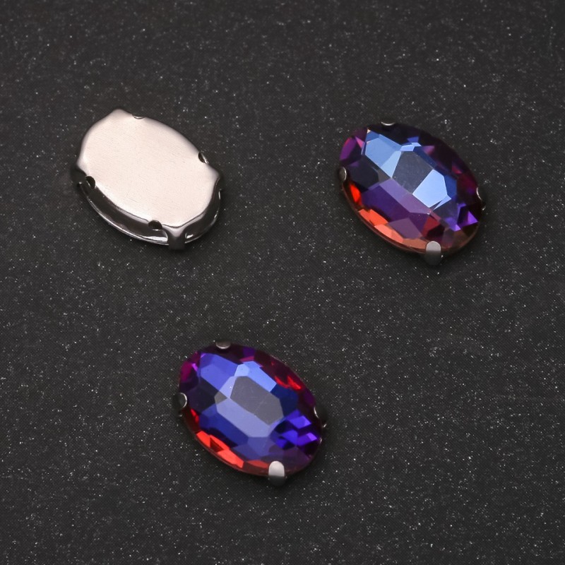 Price per Pack /10 pcs. Sew-on Crystal in Setting, Oval 10x14mm, Blue-Raspberry