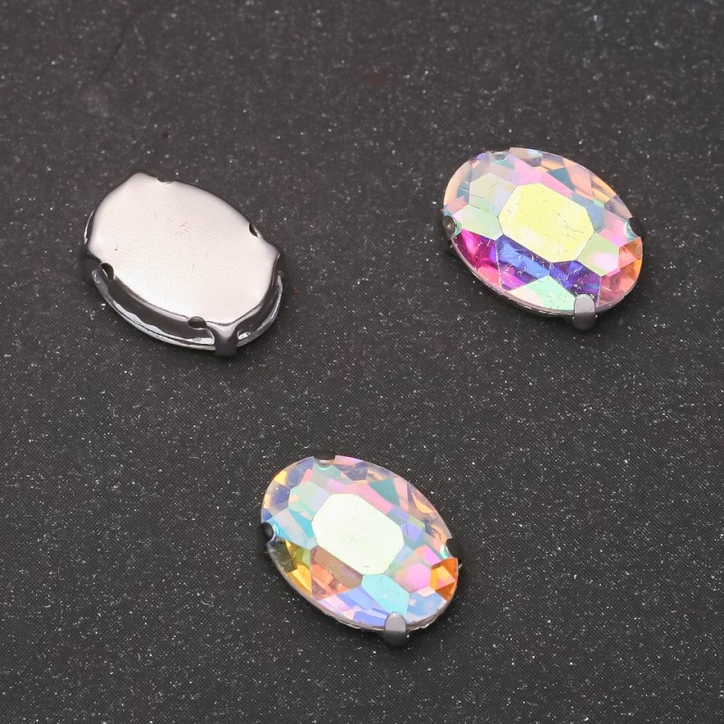 Price per Pack /10 pcs. Sew-on Crystal in Setting, Oval 10x14mm, Rainbow