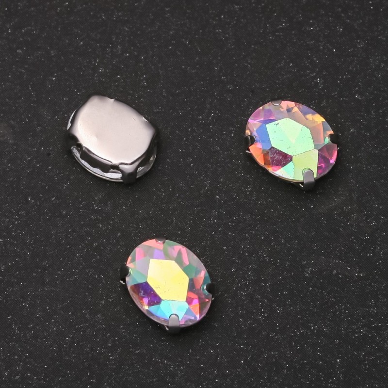 Price per Pack /10 pcs. Sew-on Crystal in Setting, Oval 10x12mm, Rainbow
