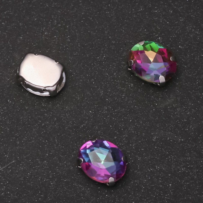 Price per Pack /10 pcs. Sew-on Crystal in Setting, Oval 10x12mm, Green-Raspberry