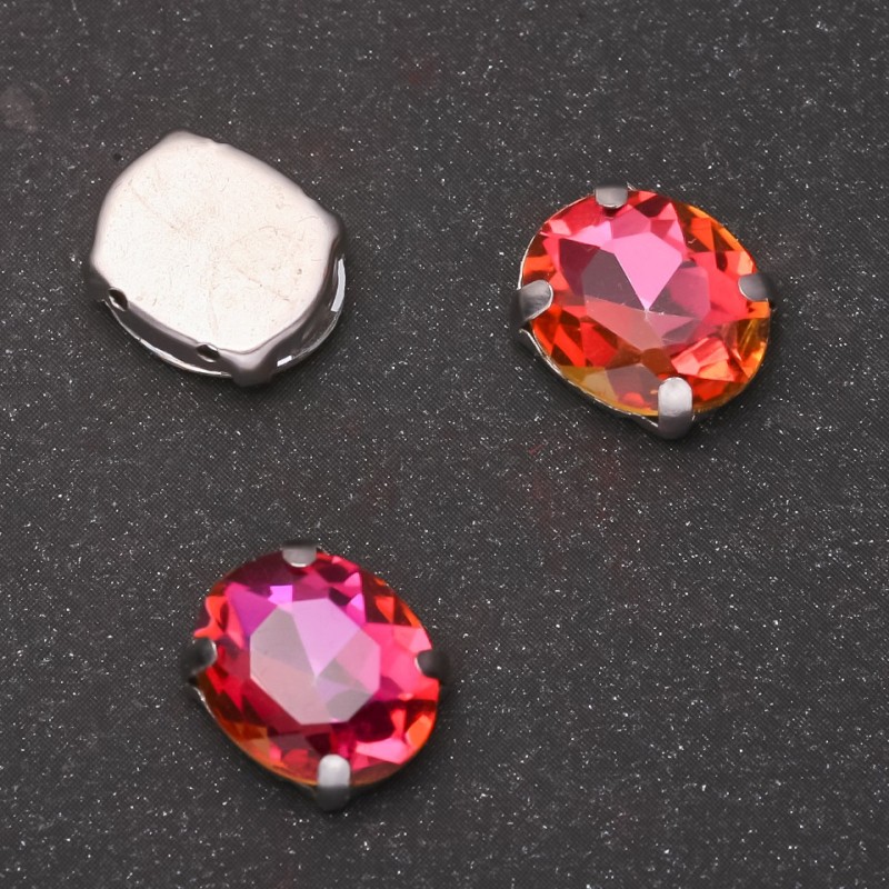 Price per Pack /10 pcs. Sew-on Crystal in Setting, Oval 10x12mm, Raspberry-Orange