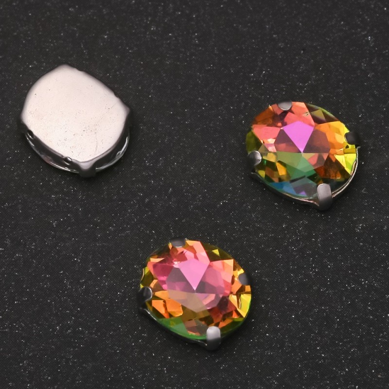 Price per Pack /10 pcs. Sew-on Crystal in Setting, Oval 10x12mm, Pink-Green