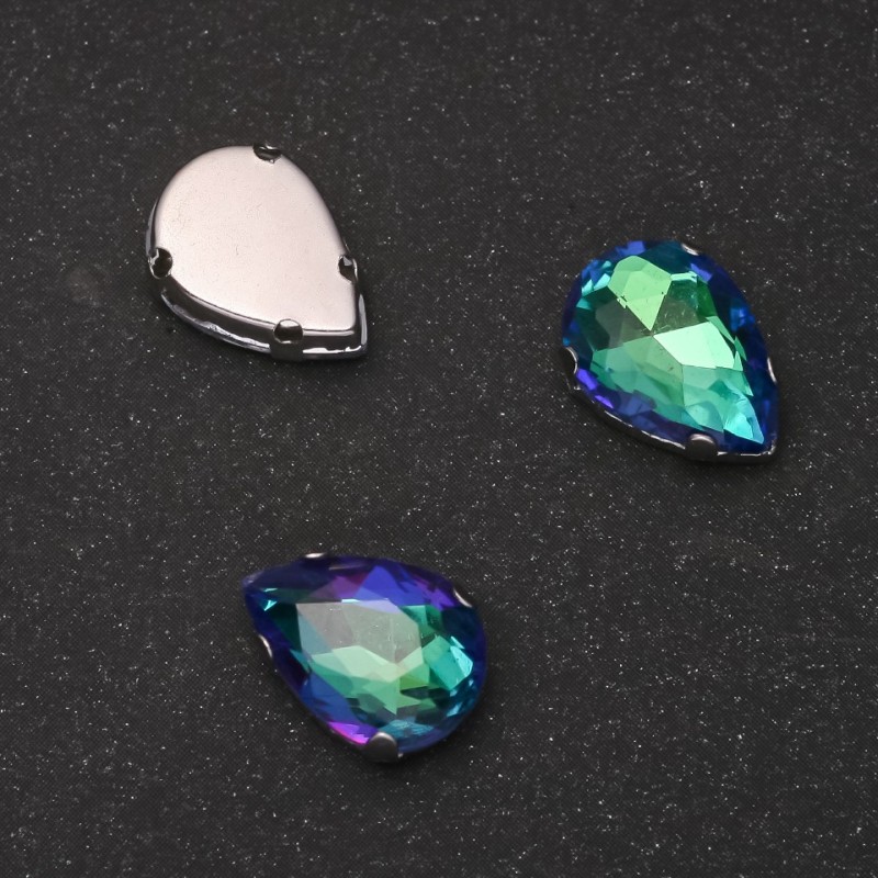 Price per pack /10 pcs. Sew-on crystal in claw setting Drop 10x14mm green-blue