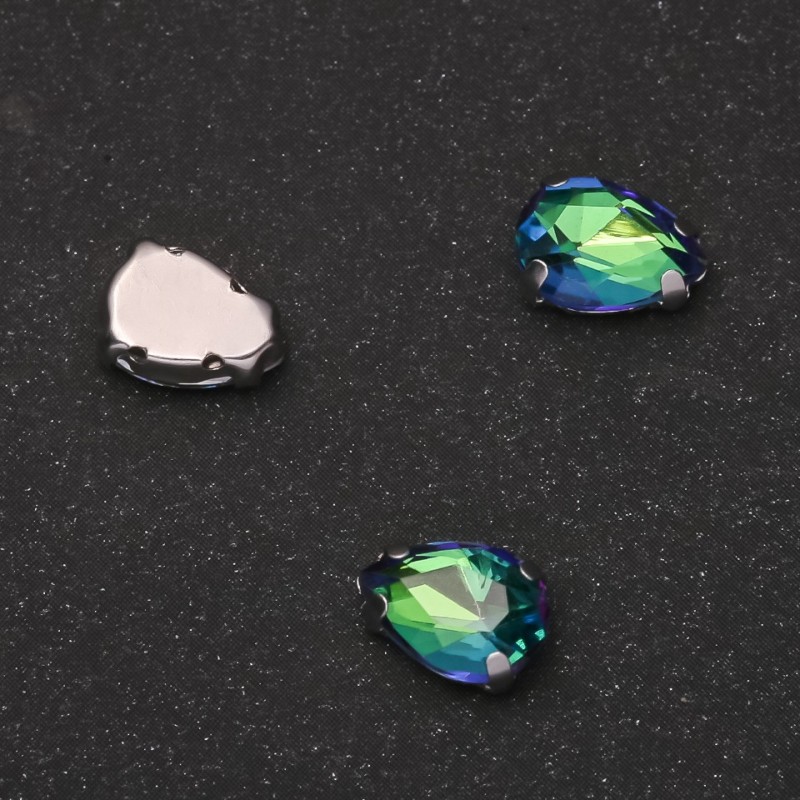 Price per Pack of 10. Sew-On Crystal in Setting, Drop 7x10mm, Green-Blue