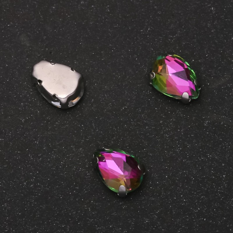 Price per Pack of 10. Sew-On Crystal in Setting, Drop 7x10mm, Green-Pink