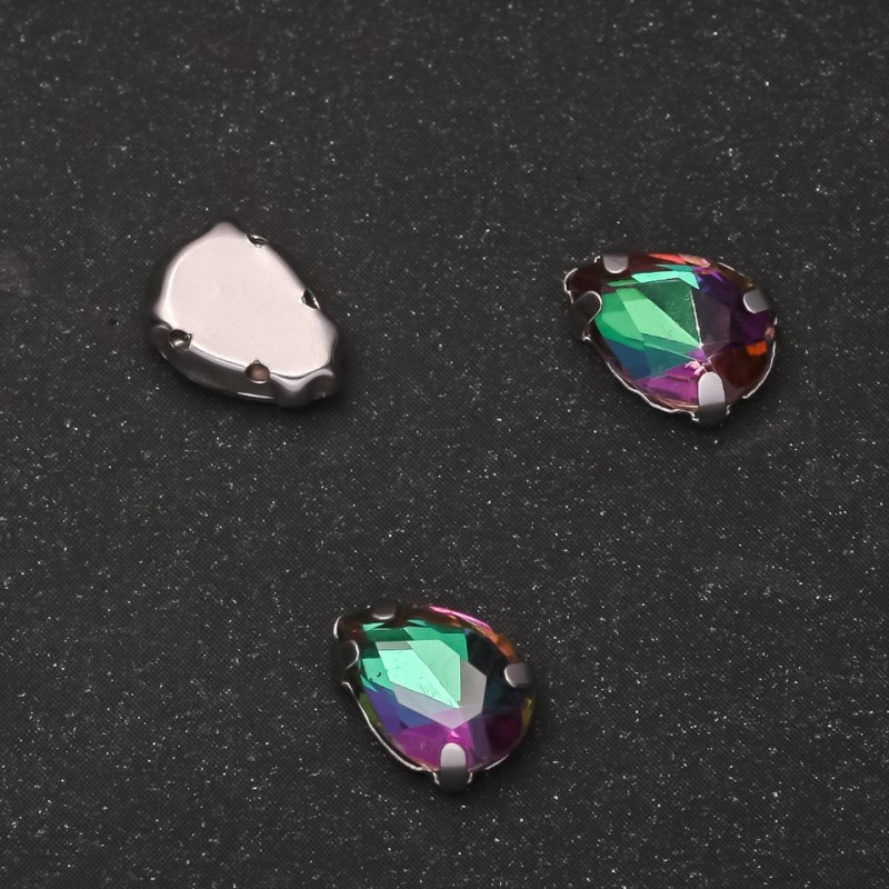 Price per Pack of 10. Sew-On Crystal in Setting, Drop 7x10mm, Green-Raspberry