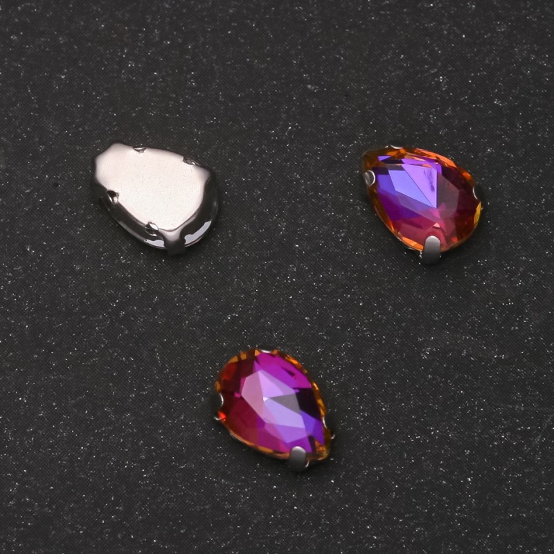 Price per Pack of 10. Sew-On Crystal in Setting, Drop 7x10mm, Raspberry-Orange