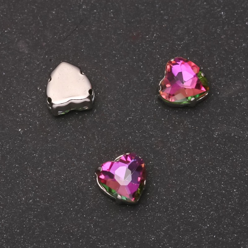 Price per Pack of 10. Sew-On Crystal in Setting, Heart 8mm, Raspberry-Green
