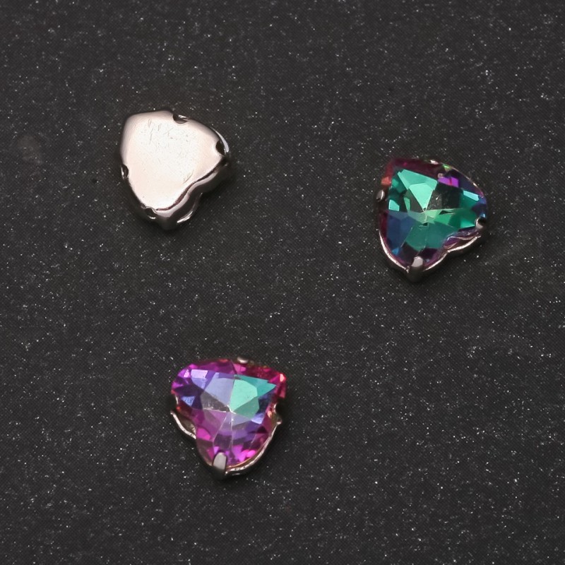 Price per Pack of 10. Sew-On Crystal in Setting, Heart 8mm, Green-Raspberry