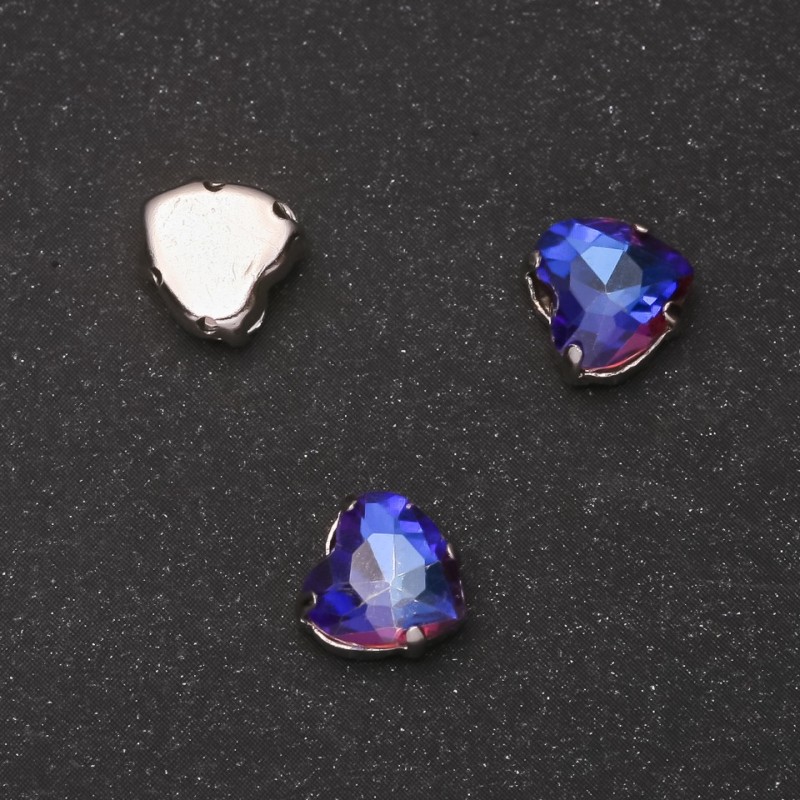 Price per Pack of 10. Sew-On Crystal in Setting, Heart 8mm, Blue-Raspberry