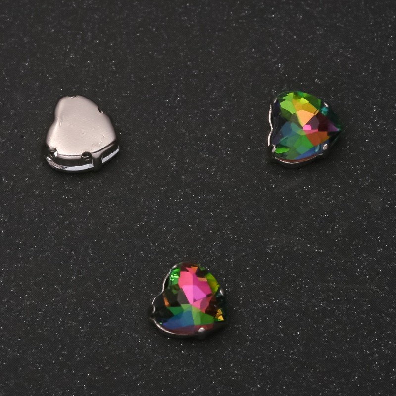 Price per Pack of 10. Sew-On Crystal in Setting, Heart 8mm, Rainbow