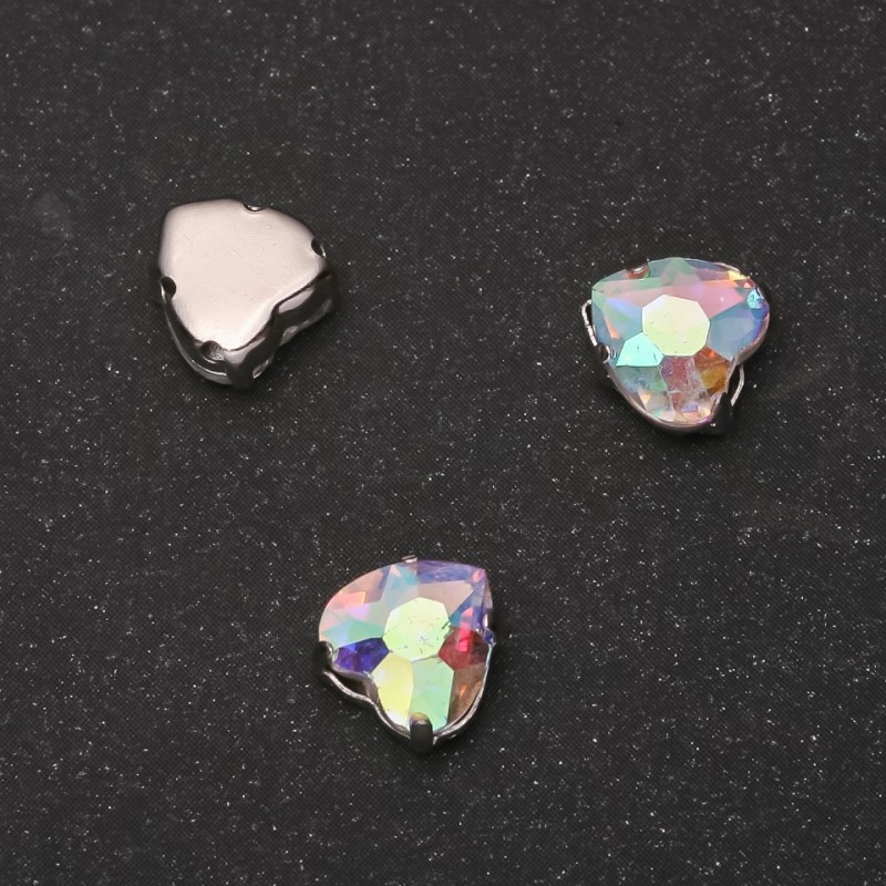 Price per Pack of 10. Sew-On Crystal in Setting, Heart 8mm, Rainbow