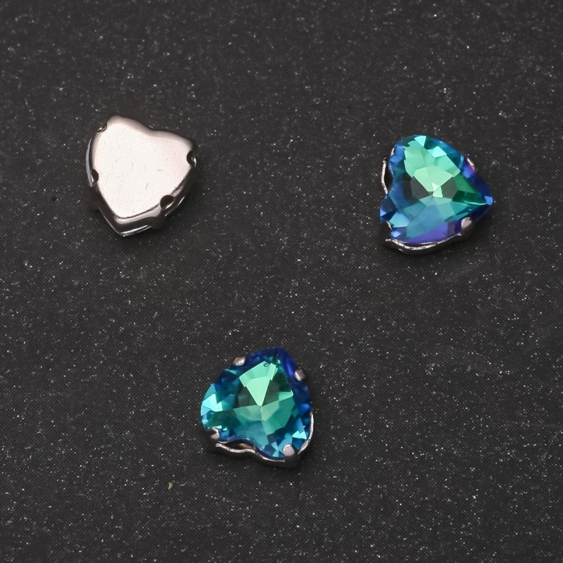 Price per Pack of 10. Sew-On Crystal in Setting, Heart 8mm, Green-Blue