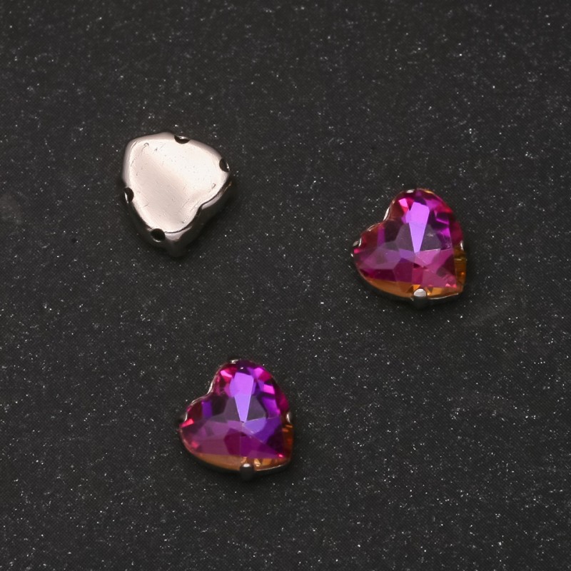 Price per Pack of 10. Sew-On Crystal in Setting, Heart 8mm, Raspberry-Orange
