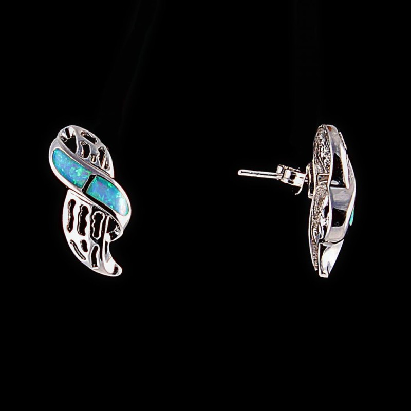 Openwork Stud Earrings, Blue Opal (Synthetic) Insert, Silver Color, 20x10mm