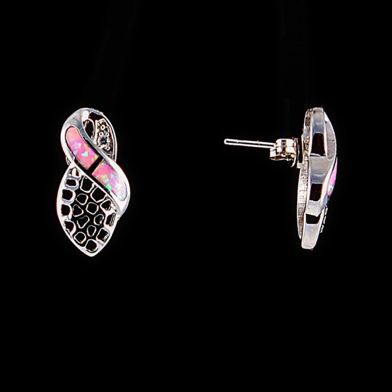 Openwork Stud Earrings, Pink Opal (Synthetic) Insert, Silver Color, 20x10mm