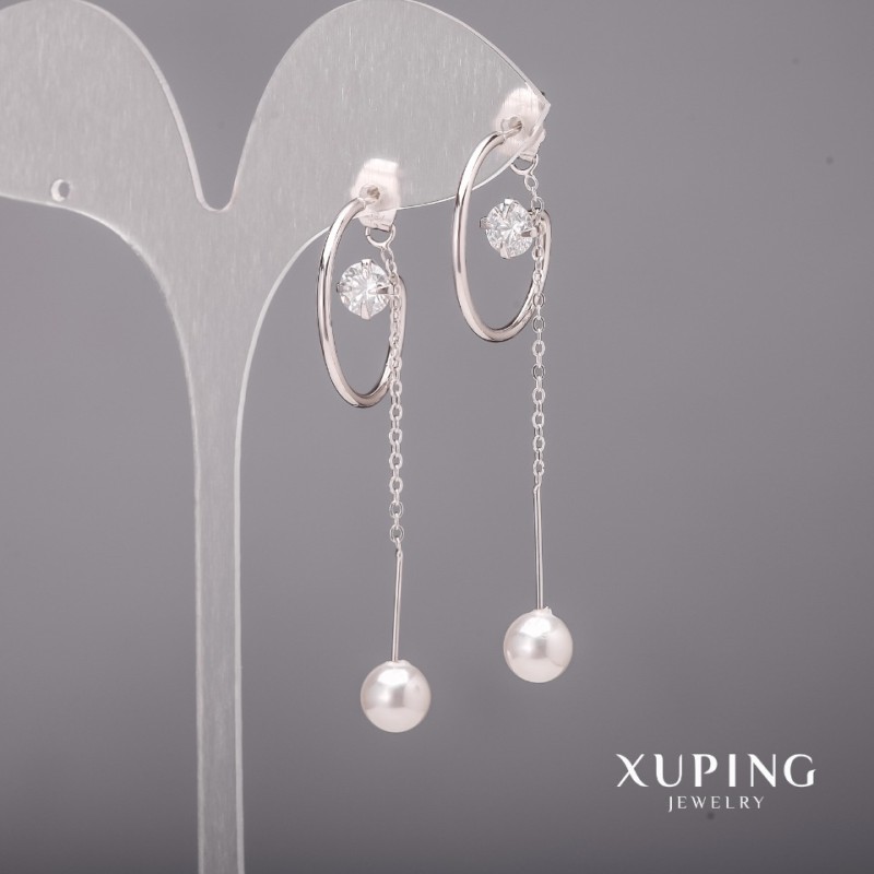 Xuping Earrings with White Stones and Majorica Pearls 22x62mm Rhodium