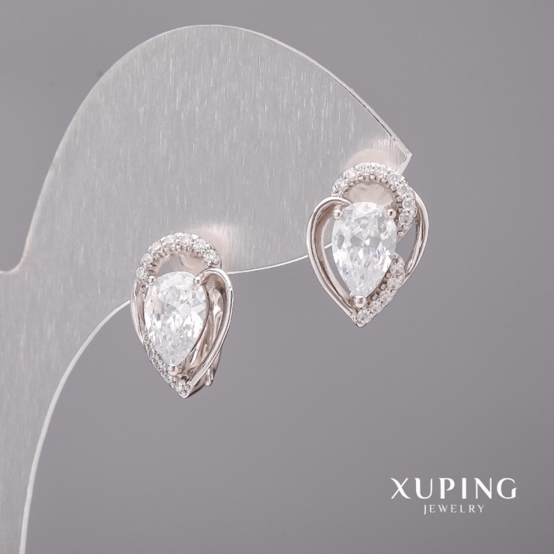 Xuping Earrings with White Stones, 11x15mm, Rhodium