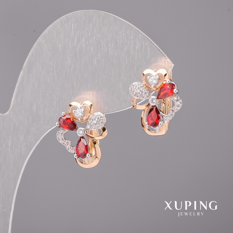 Xuping Earrings with Red Stones, 12x15mm, Rhodium & 18K Gold Plating