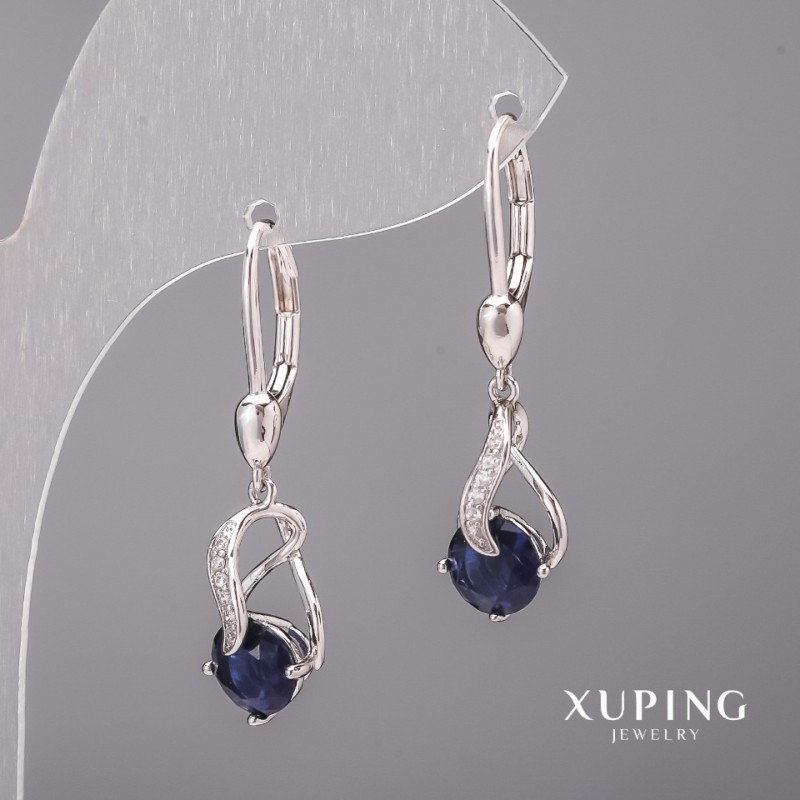Xuping Earrings with Blue Stones, 8x33mm, Rhodium