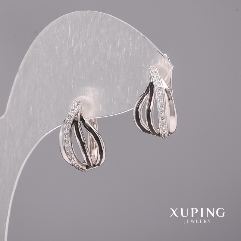 Xuping Earrings with White Stones and Black Enamel, 10x16mm, Rhodium
