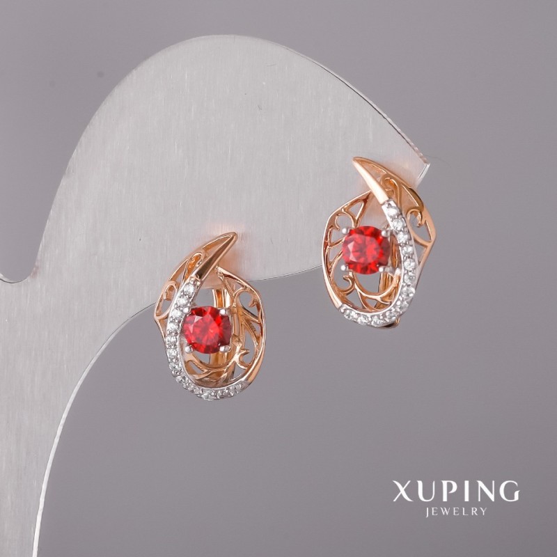 Xuping Earrings with Red Stone, 10x16mm, Rhodium & 18K Gold Plating