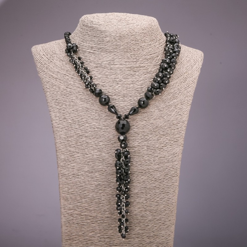 Clearance Black Agate Necklace with Czech Crystal Pendant, 58cm+11cm